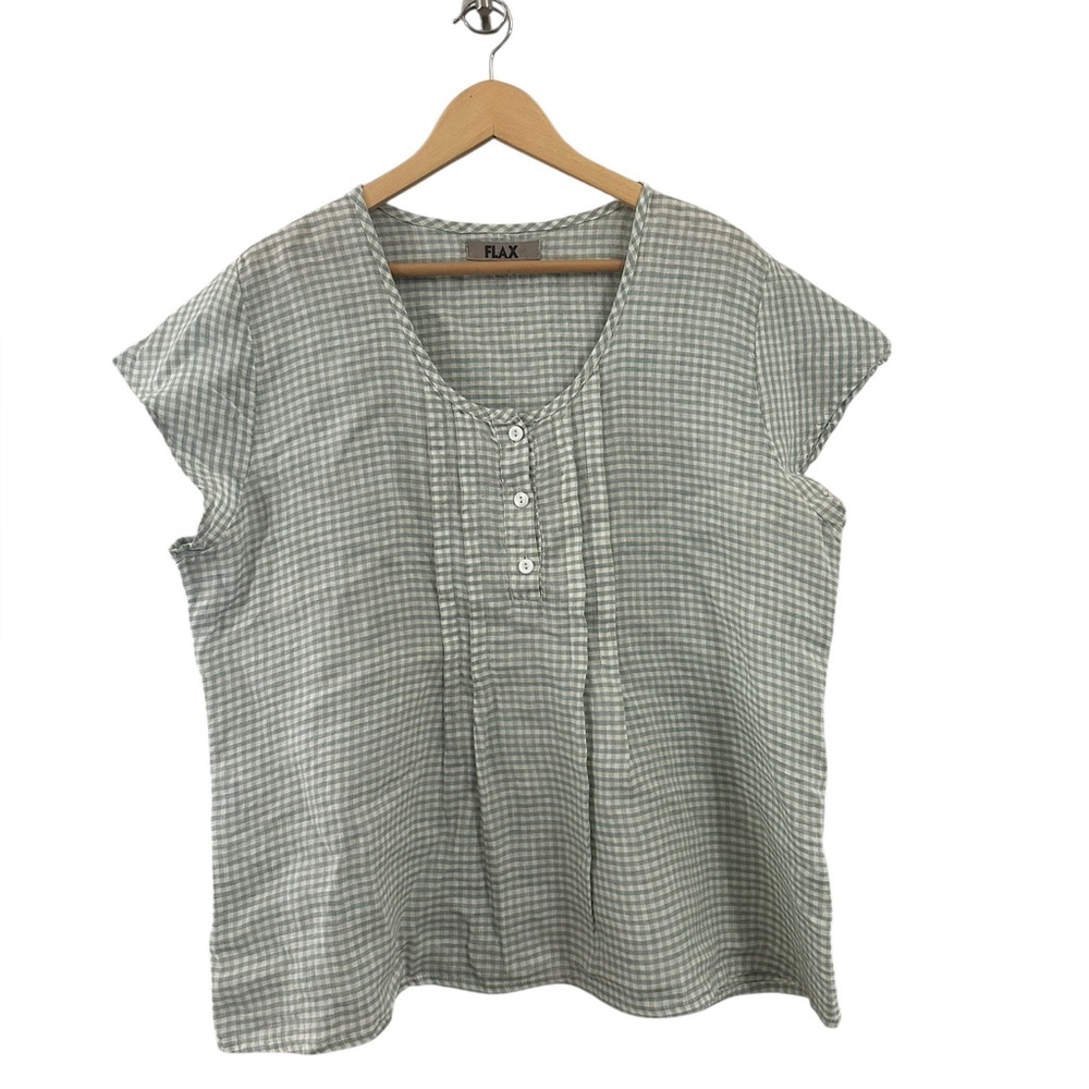 FLAX Designs Linen Tunic Top Shirt Short Sleeve Ivory Green Check